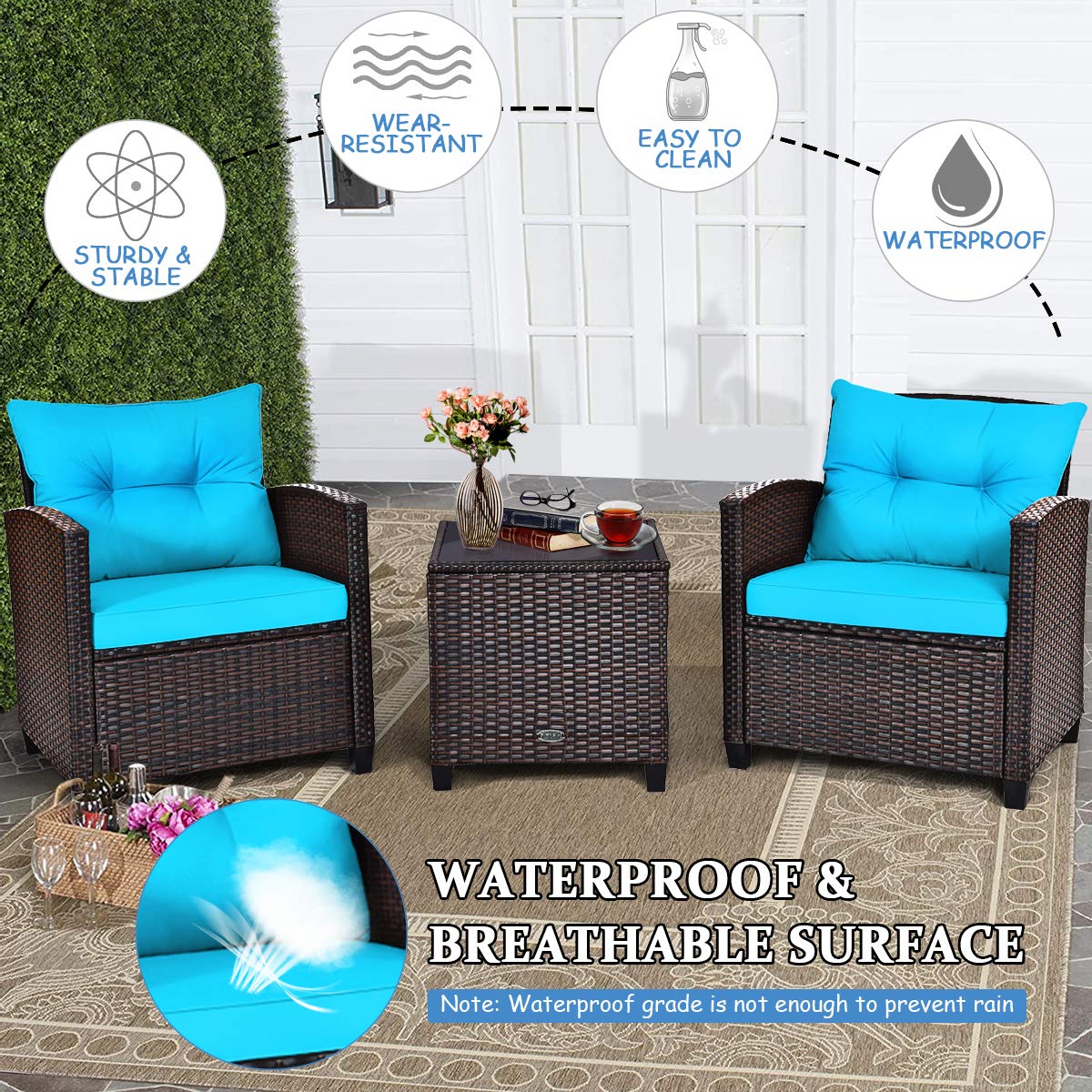 Tangkula 3 Pieces Patio Furniture Set, PE Rattan Wicker 3 Pcs Outdoor Sofa Set w/Washable Cushion and Tempered Glass Tabletop, Conversation Furniture for Garden Poolside Balcony (Turquoise)