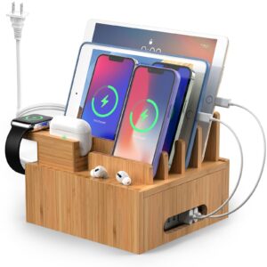 Pezin & Hulin Bamboo Multiple USB Charging Station for Phones and Tablets, All-in-one Organizer Dock for Watch, Earbuds - with 6 Cables, 5 Ports Hub Charger