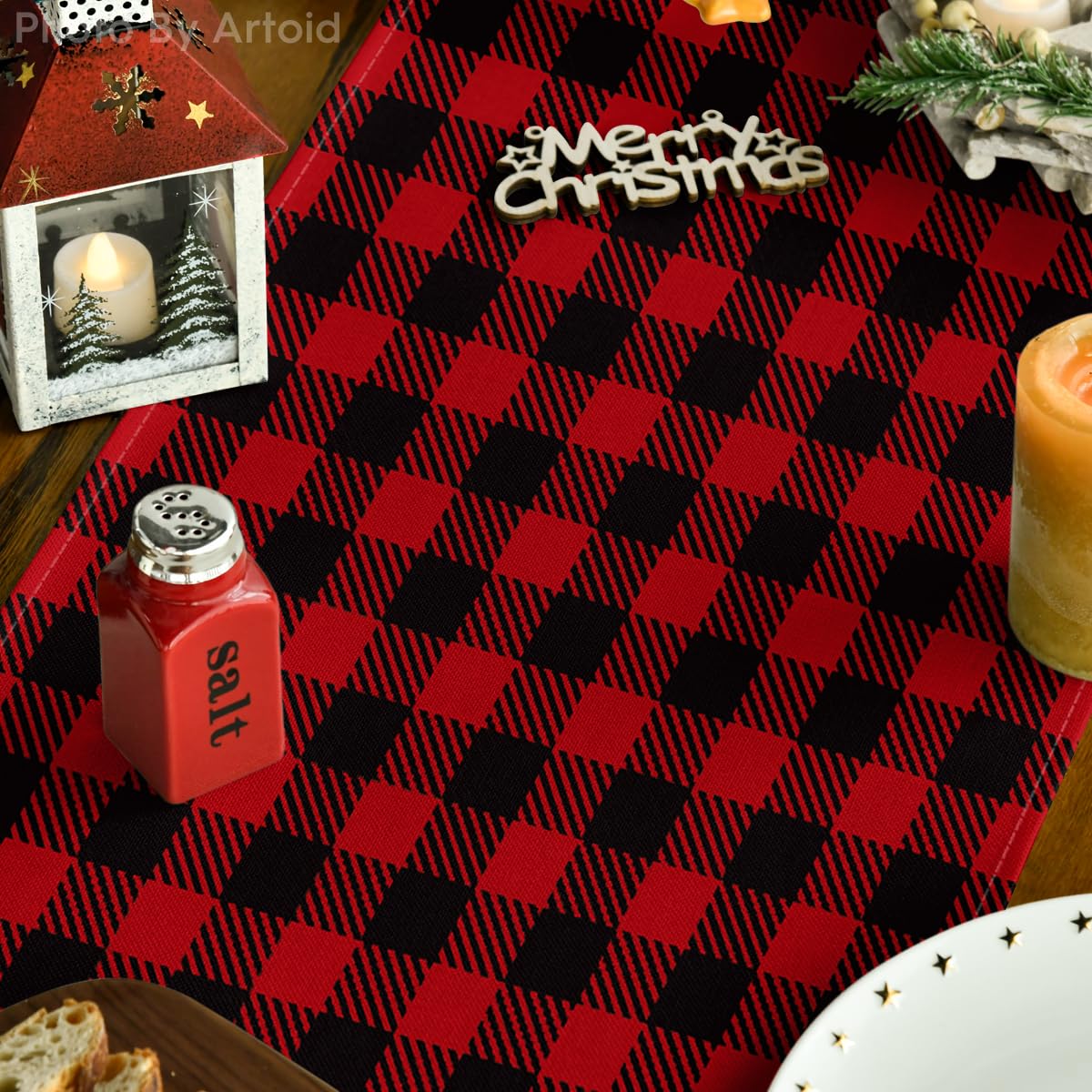 Artoid Mode Red and Black Buffalo Plaid Believe Table Runner, Seasonal Winter Christmas Holiday Kitchen Dining Table Decoration for Indoor Outdoor Home Party Decor 13 x 72 Inch