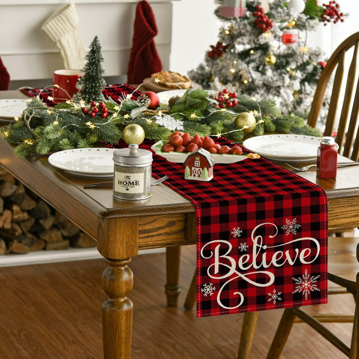 Artoid Mode Red and Black Buffalo Plaid Believe Table Runner, Seasonal Winter Christmas Holiday Kitchen Dining Table Decoration for Indoor Outdoor Home Party Decor 13 x 72 Inch