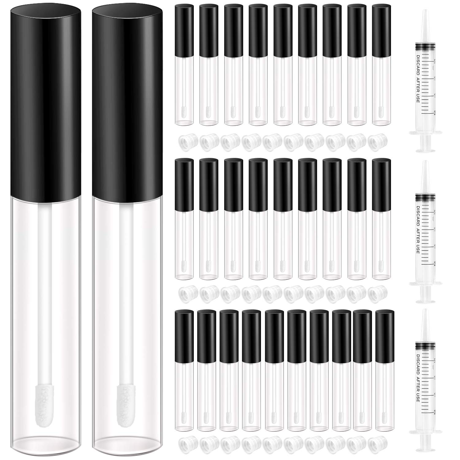 KPX 30 Pcs lip Gloss Tube Containers Bulk Wand 10ml Empty Clear Pink Lip Oil Tubes Refillable Lip Balm Bottles with Rubber Insert for DIY Makeup Such as Lip Samples, Homemade Lip Balm(Black)