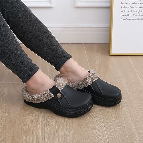 Beslip Classic Fur Lined Clogs Waterproof Winter Fuzzy Slippers for Women Men Indoor and Outdoor Indoor and Outdoor, Black and Khaki Women Size 9.5-10.5