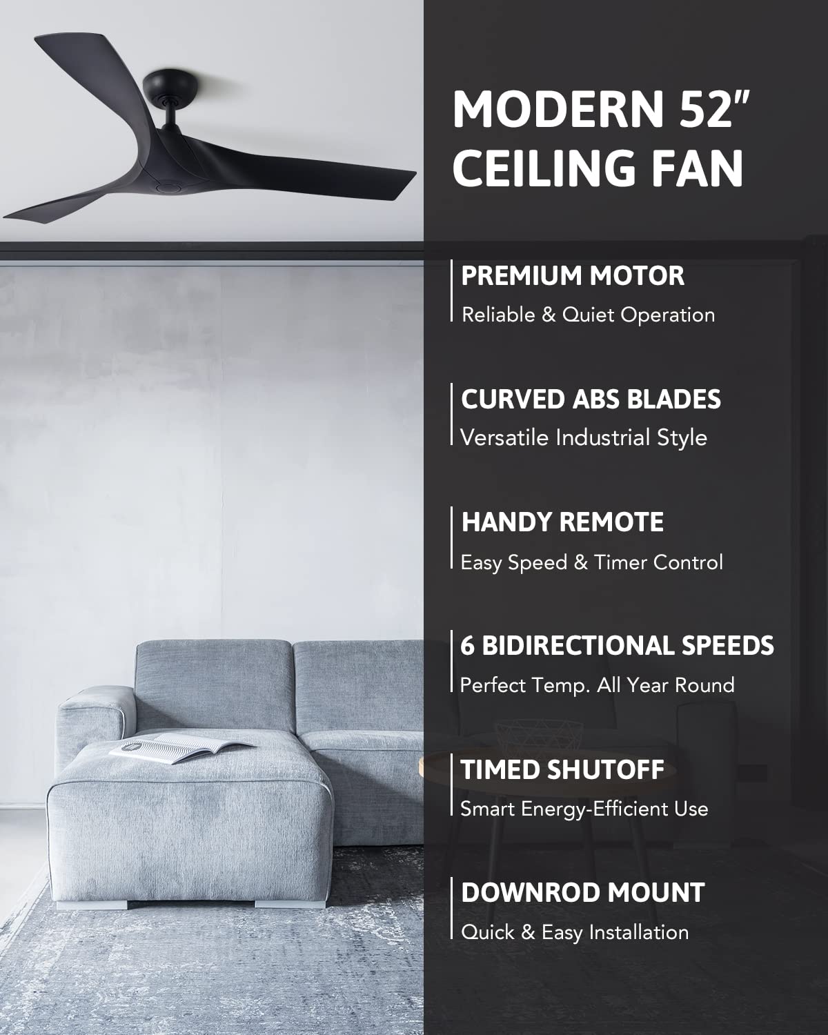 VONLUCE 52" Industrial Ceiling Fan No Light with Remote Control, Mid Century Ceiling Fans with 3 Walnut ABS Blades, Indoor Ceiling Fan for Kitchen Bedroom Living Room, Black