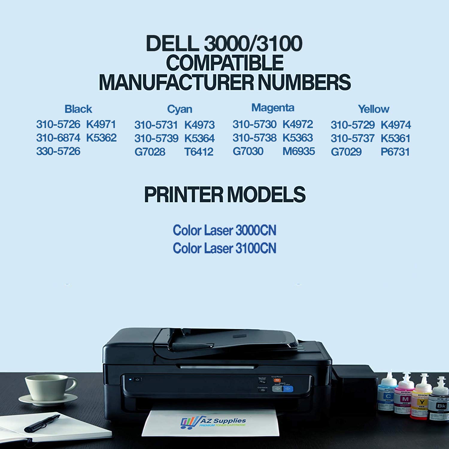 AZ SUPPLIES Compatible Toner Cartridge Replacement for Dell 3000/3100 Color Laser 3000CN Color Laser 3100CN 310-5726 310-5731 310-5730 310-5729 (Black/Cyan/Magenta/Yellow, 4-Packs)