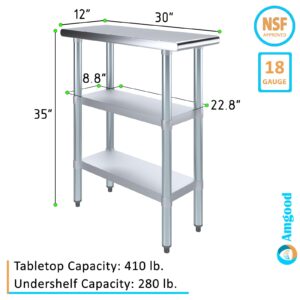 AmGood Stainless Steel Work Table with 2 Shelves | NSF | Metal Utility Table (12" Long x 30" Deep)