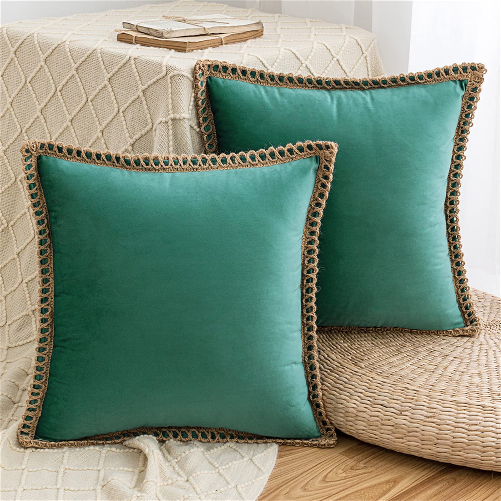 AQOTHES Set of 2 Velvet Decorative Throw Pillow Covers 18x18 Inch, Farmhouse Teal Throw Pillows for Couch Sofa Bed Home Living Room Decor