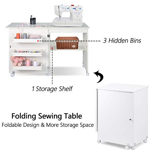 NSdirect Sewing Table, Folding Sewing Craft Cart&Sewing Cabinet Miscellaneous Sewing Kit Art Desk with Storage Shelves and Lockable Casters,(White)