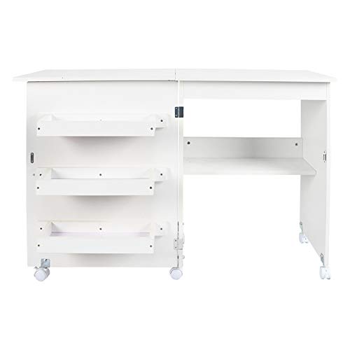 NSdirect Sewing Table, Folding Sewing Craft Cart&Sewing Cabinet Miscellaneous Sewing Kit Art Desk with Storage Shelves and Lockable Casters,(White)