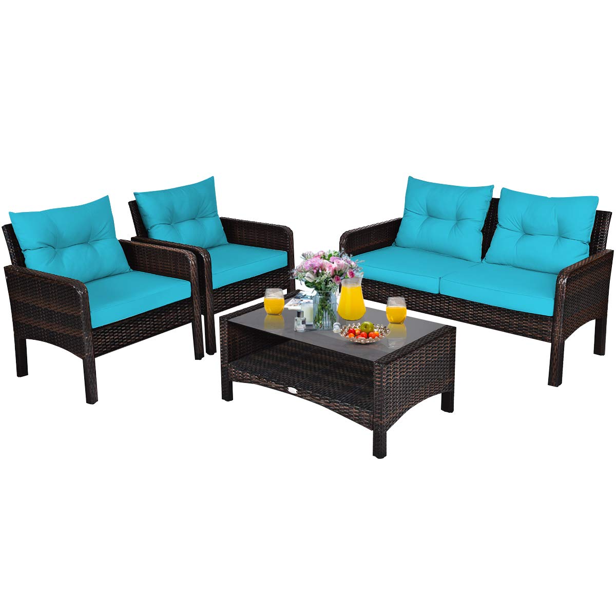 Tangkula 4 Piece Patio Furniture Set, Outdoor Wicker Conversation Set with Glass Top Coffee Table, All Weather Proof and Thick Cushions, Suitable for Porch, Garden, Poolside and Lawn (Turquoise)