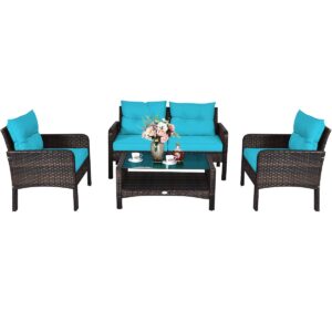 Tangkula 4 Piece Patio Furniture Set, Outdoor Wicker Conversation Set with Glass Top Coffee Table, All Weather Proof and Thick Cushions, Suitable for Porch, Garden, Poolside and Lawn (Turquoise)