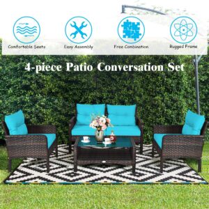 Tangkula 4 Piece Patio Furniture Set, Outdoor Wicker Conversation Set with Glass Top Coffee Table, All Weather Proof and Thick Cushions, Suitable for Porch, Garden, Poolside and Lawn (Turquoise)