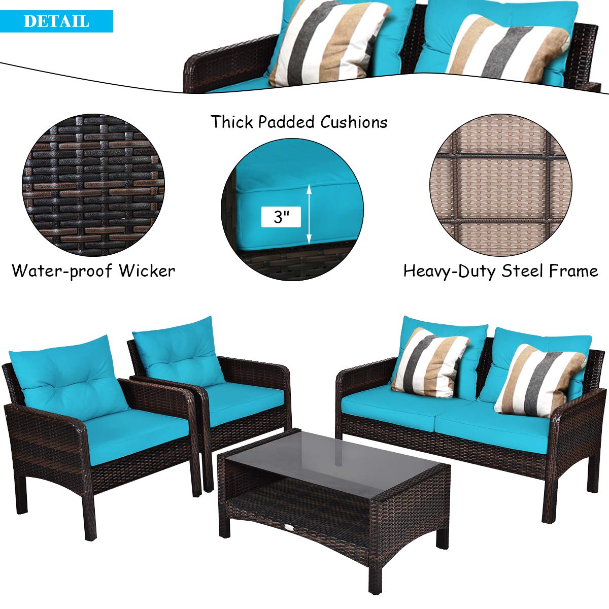 Tangkula 4 Piece Patio Furniture Set, Outdoor Wicker Conversation Set with Glass Top Coffee Table, All Weather Proof and Thick Cushions, Suitable for Porch, Garden, Poolside and Lawn (Turquoise)