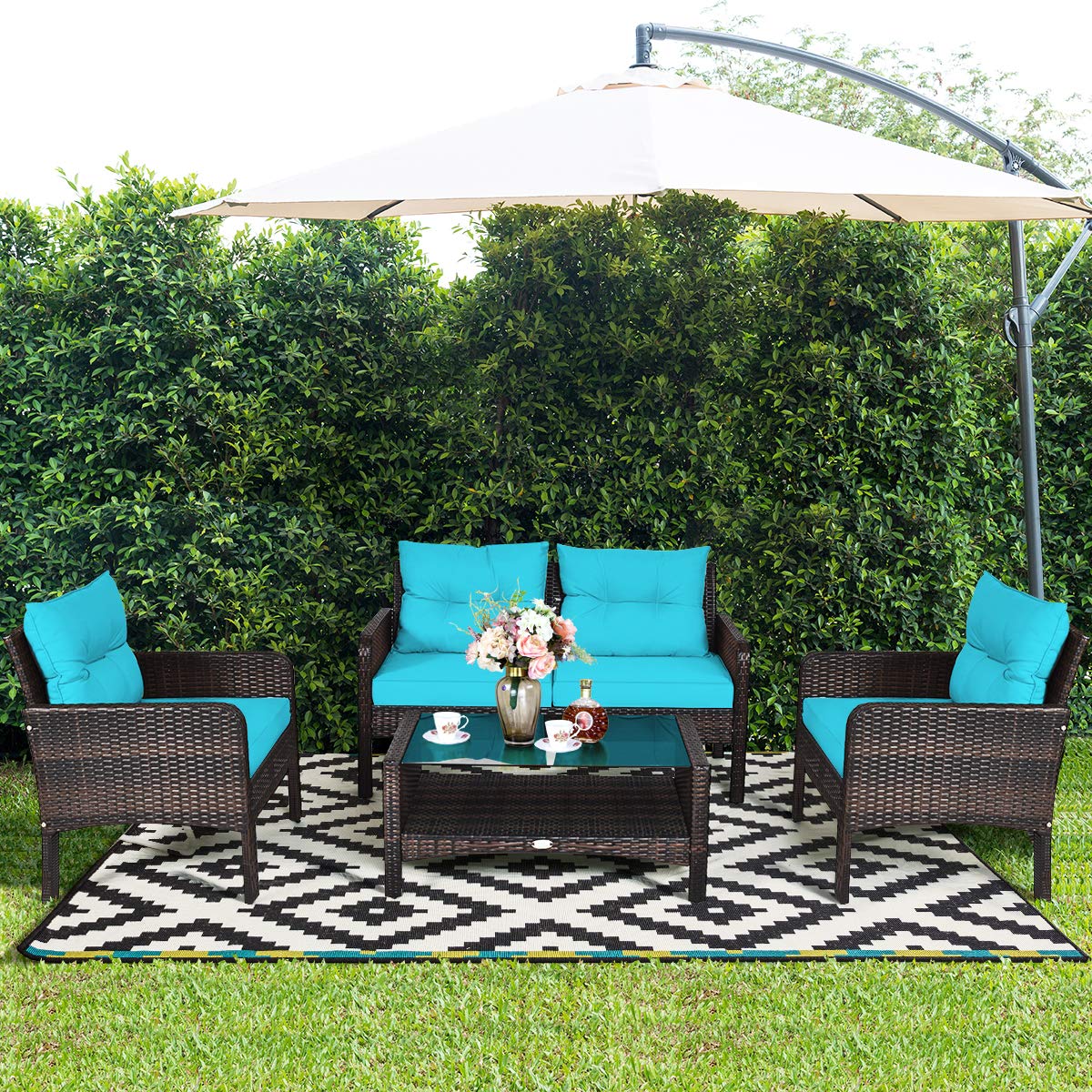 Tangkula 4 Piece Patio Furniture Set, Outdoor Wicker Conversation Set with Glass Top Coffee Table, All Weather Proof and Thick Cushions, Suitable for Porch, Garden, Poolside and Lawn (Turquoise)