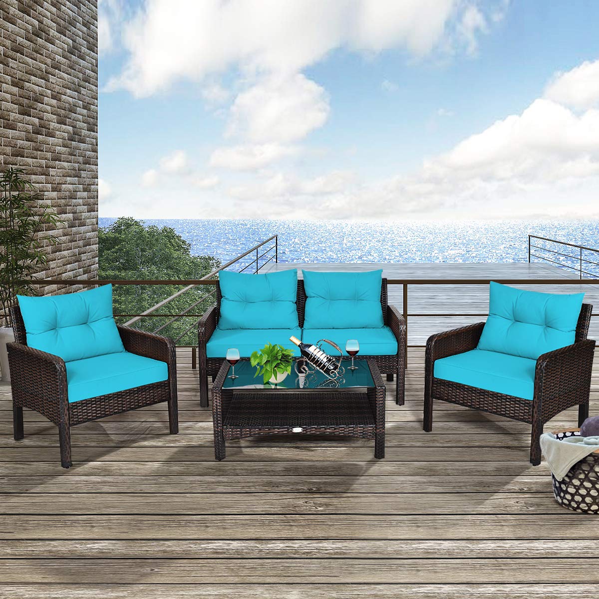 Tangkula 4 Piece Patio Furniture Set, Outdoor Wicker Conversation Set with Glass Top Coffee Table, All Weather Proof and Thick Cushions, Suitable for Porch, Garden, Poolside and Lawn (Turquoise)