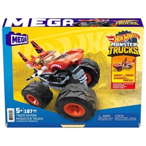 MEGA Hot Wheels Monster Trucks Building Toy Playset, Tiger Shark with 187 Pieces, 1 Micro Action Figure Driver, Orange and Black, Kids Age 5+ Years