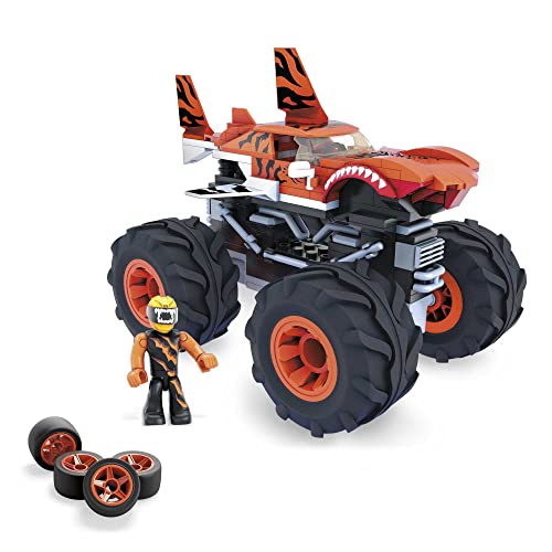 MEGA Hot Wheels Monster Trucks Building Toy Playset, Tiger Shark with 187 Pieces, 1 Micro Action Figure Driver, Orange and Black, Kids Age 5+ Years