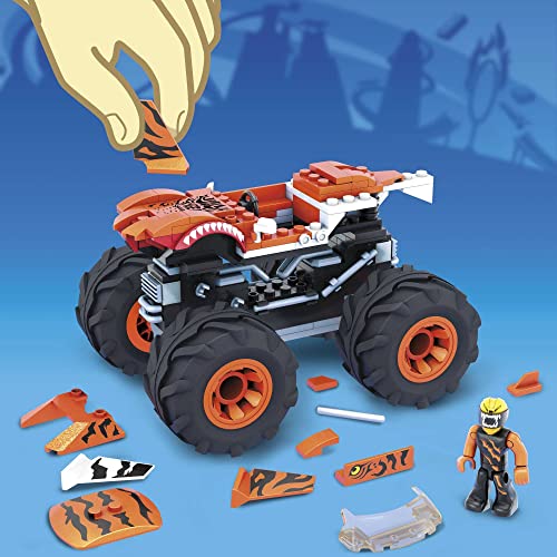 MEGA Hot Wheels Monster Trucks Building Toy Playset, Tiger Shark with 187 Pieces, 1 Micro Action Figure Driver, Orange and Black, Kids Age 5+ Years