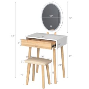 ARTETHYS Small Makeup Vanity Desk with 3 Adjustable Lighted Mirror and Chair, 24 Inch Makeup Vanity Table with Big Drawer Wooden Frame for Small Space