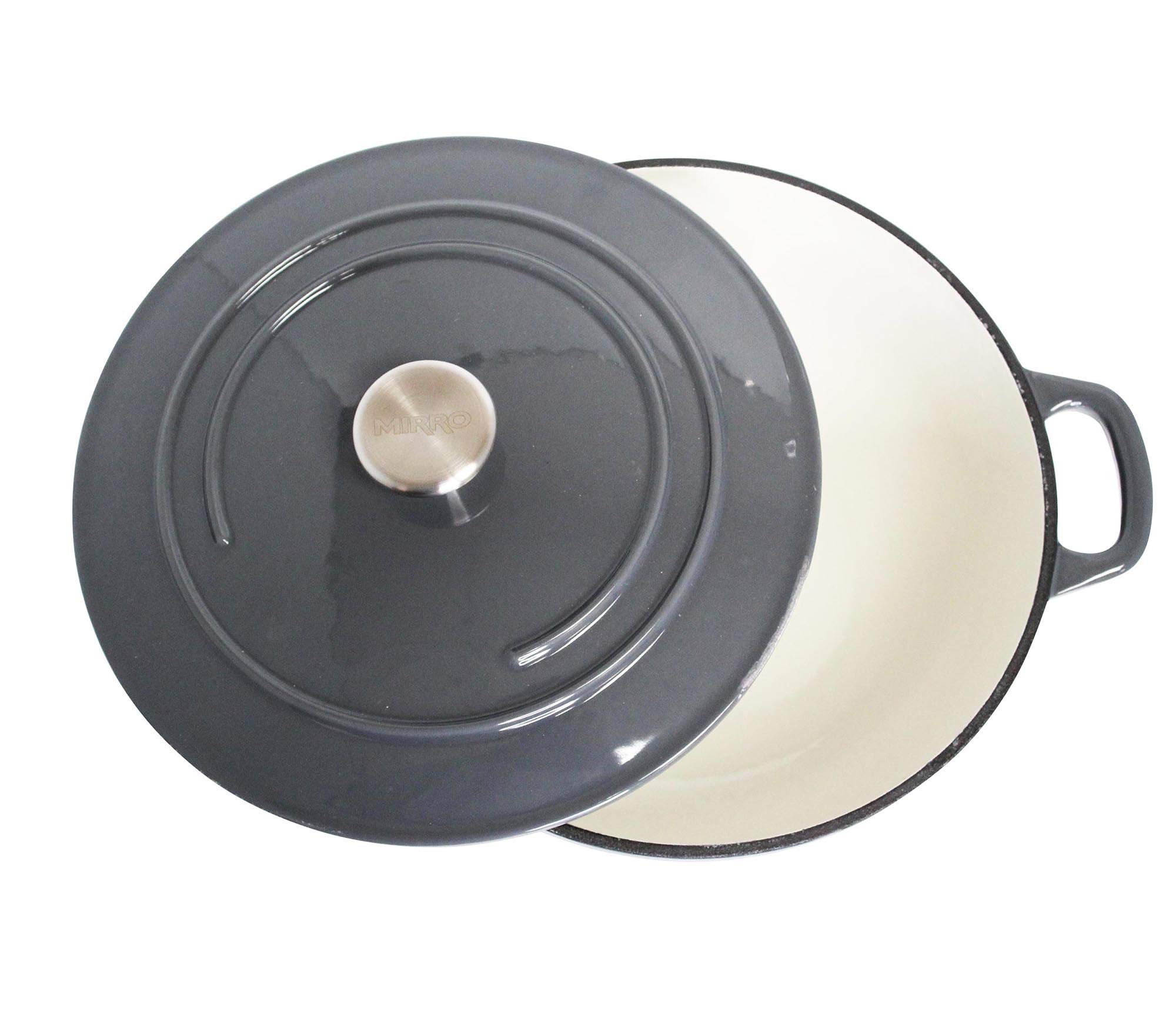 Mirro MIR-19059 4.8 Quart Cast Iron White Enamel Coated Interior Dutch Oven, Grey, Ready to Use