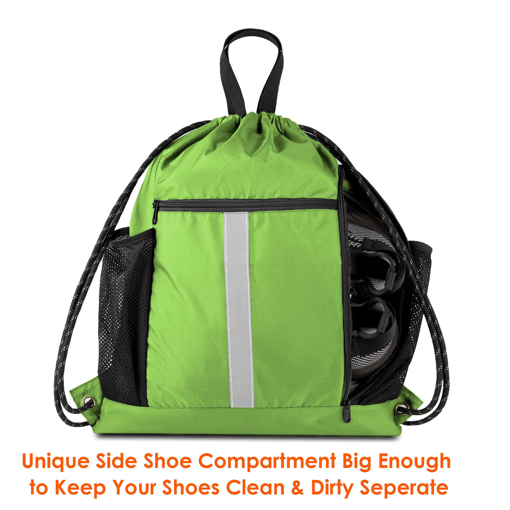 BeeGreen Cinch Bag Backpack String Gym Sackpack with Shoe Compartment and Two Side Mesh Pockets Large Lightweight Portable Sport Drawstring Sack