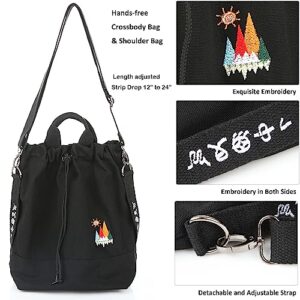 Women Canvas Tote Handbags Casual Shoulder Work Bag Crossbody Bag with Sunshine Embroidery (Black) Medium