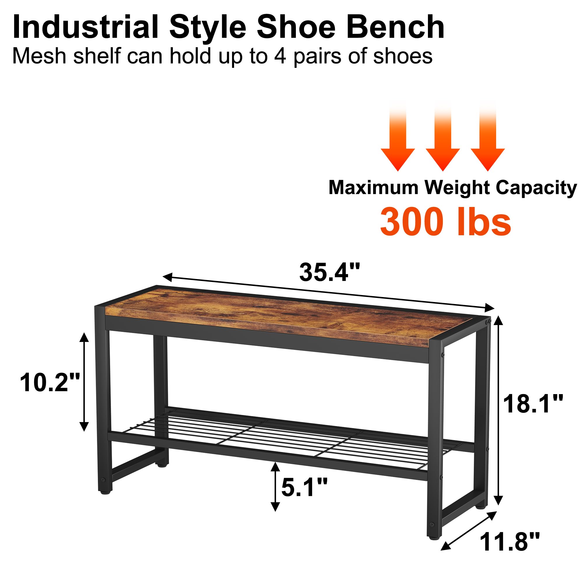 HOMEFORT Shoe Bench, Modern Industrial Shoe Storage Bench, Entryway Bench with Mesh Shelf and Sturdy Metal Frame, Metal Shoe Rack with Durable MDF Top for Hallway, Mudroom, Living Room, Rustic Brown