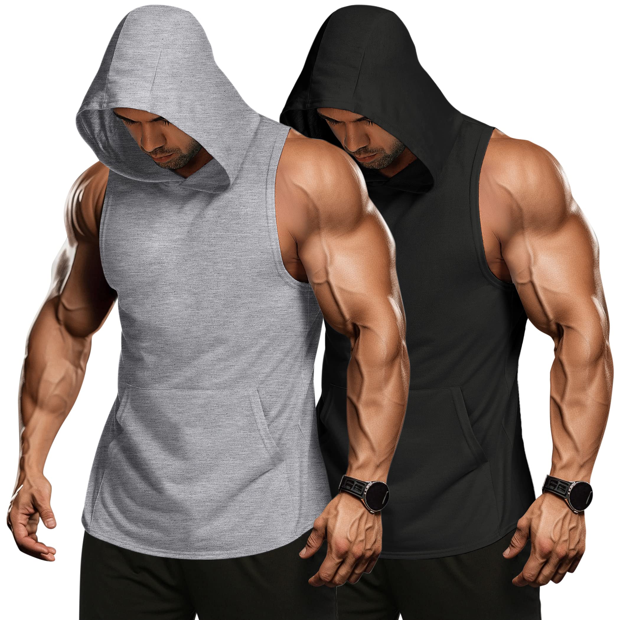 COOFANDY Men's 2 Pack Workout Hooded Tank Tops Bodybuilding Muscle Cut Off T Shirt Sleeveless Gym Hoodies