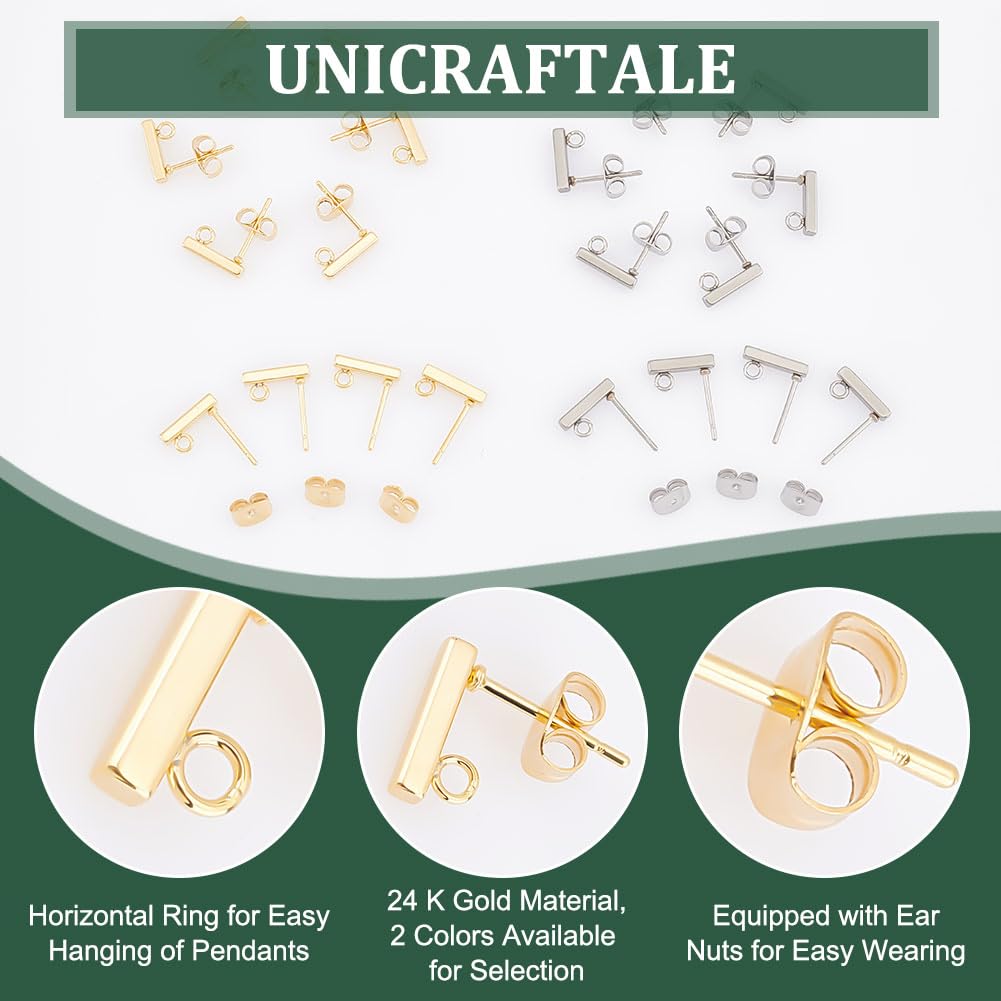 UNICRAFTALE Hypoallergenic Stud Earring with Loop 40 Pieces Rectangle Earring with Ear Nut 0.8mm Pin Stainless Steel Earring Posts for DIY Earrings Jewelry Making