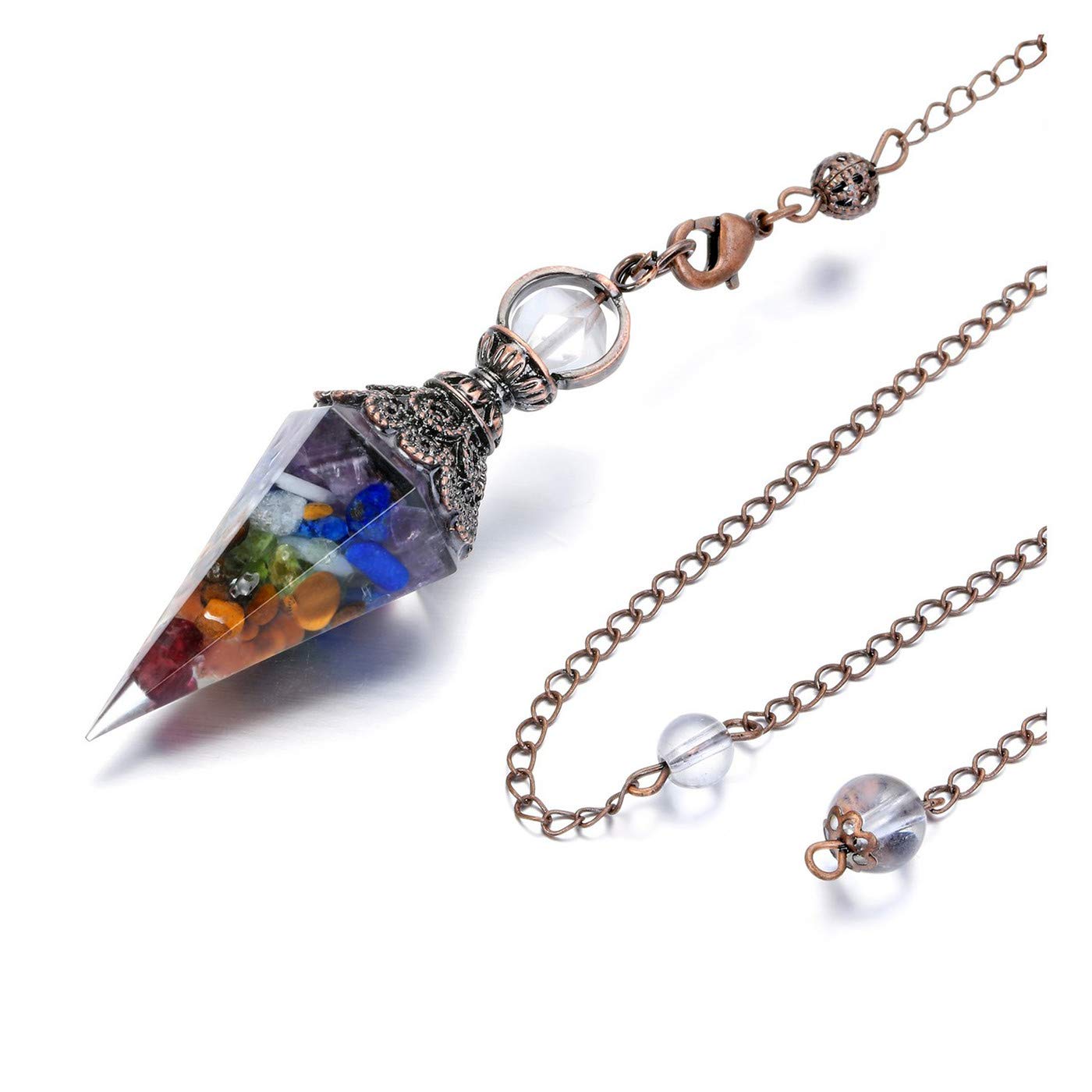 PESOENTH 7 Chakra Crystal Dowsing Pendulum Healing Hexagonal Gemstone Crystals Point Pendulum for Divination Scrying Dowser