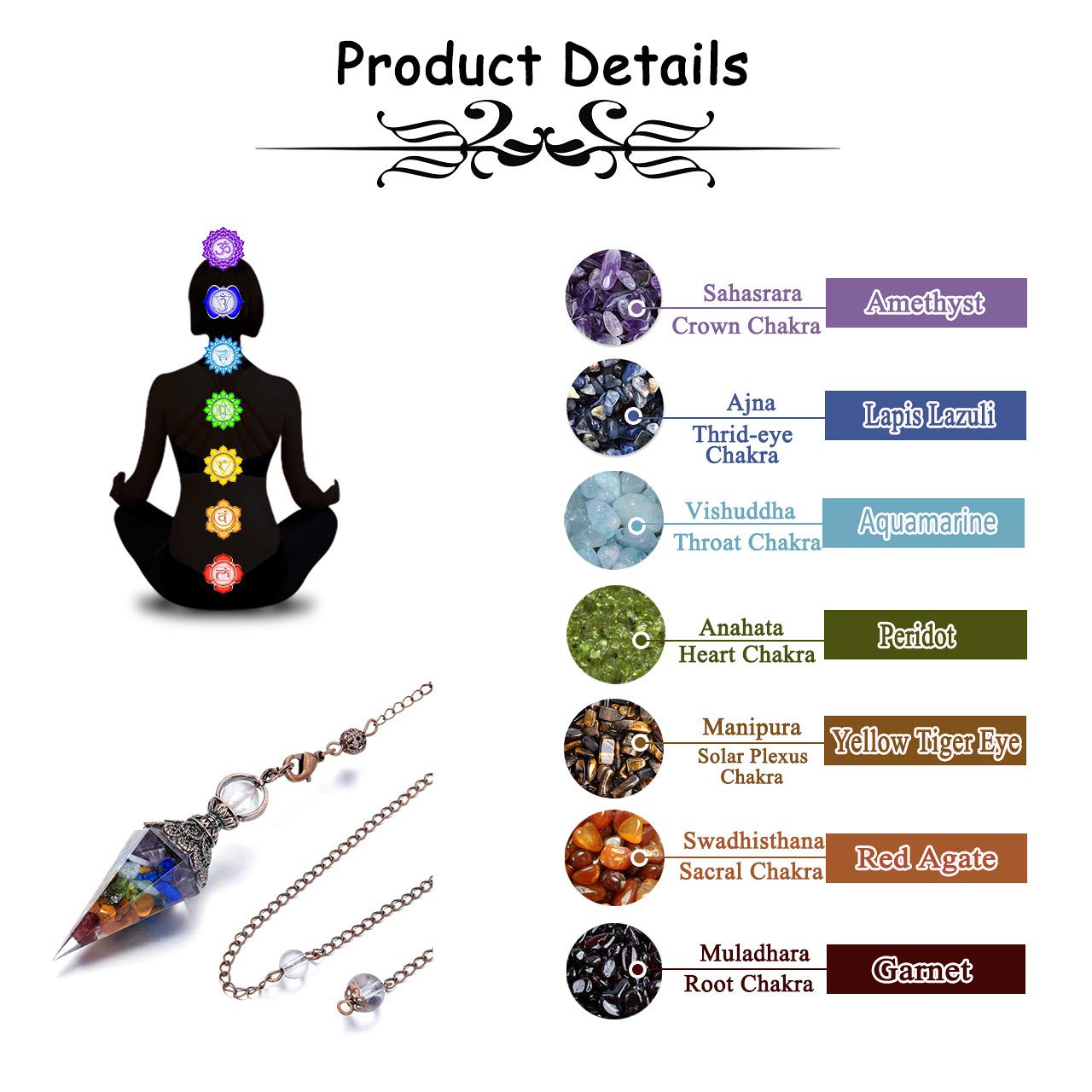 PESOENTH 7 Chakra Crystal Dowsing Pendulum Healing Hexagonal Gemstone Crystals Point Pendulum for Divination Scrying Dowser