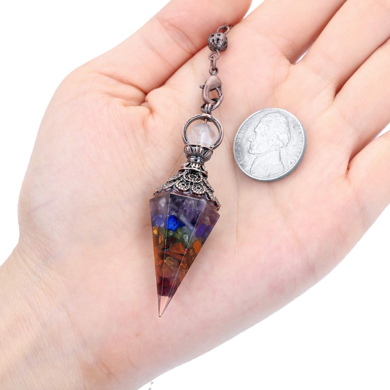 PESOENTH 7 Chakra Crystal Dowsing Pendulum Healing Hexagonal Gemstone Crystals Point Pendulum for Divination Scrying Dowser