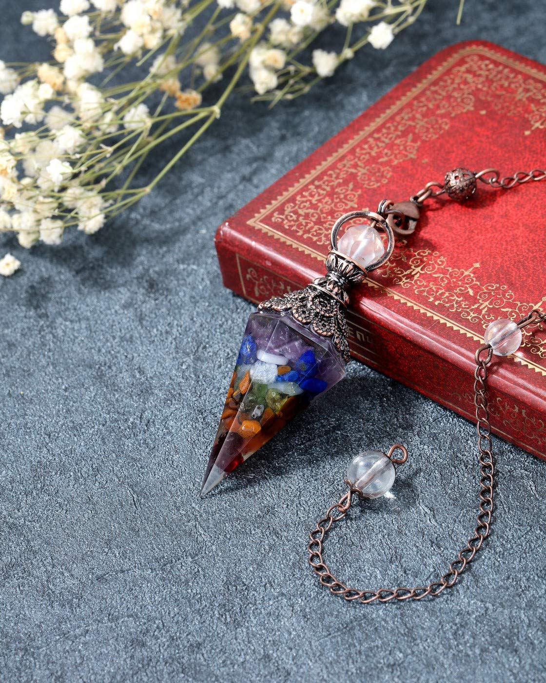 PESOENTH 7 Chakra Crystal Dowsing Pendulum Healing Hexagonal Gemstone Crystals Point Pendulum for Divination Scrying Dowser