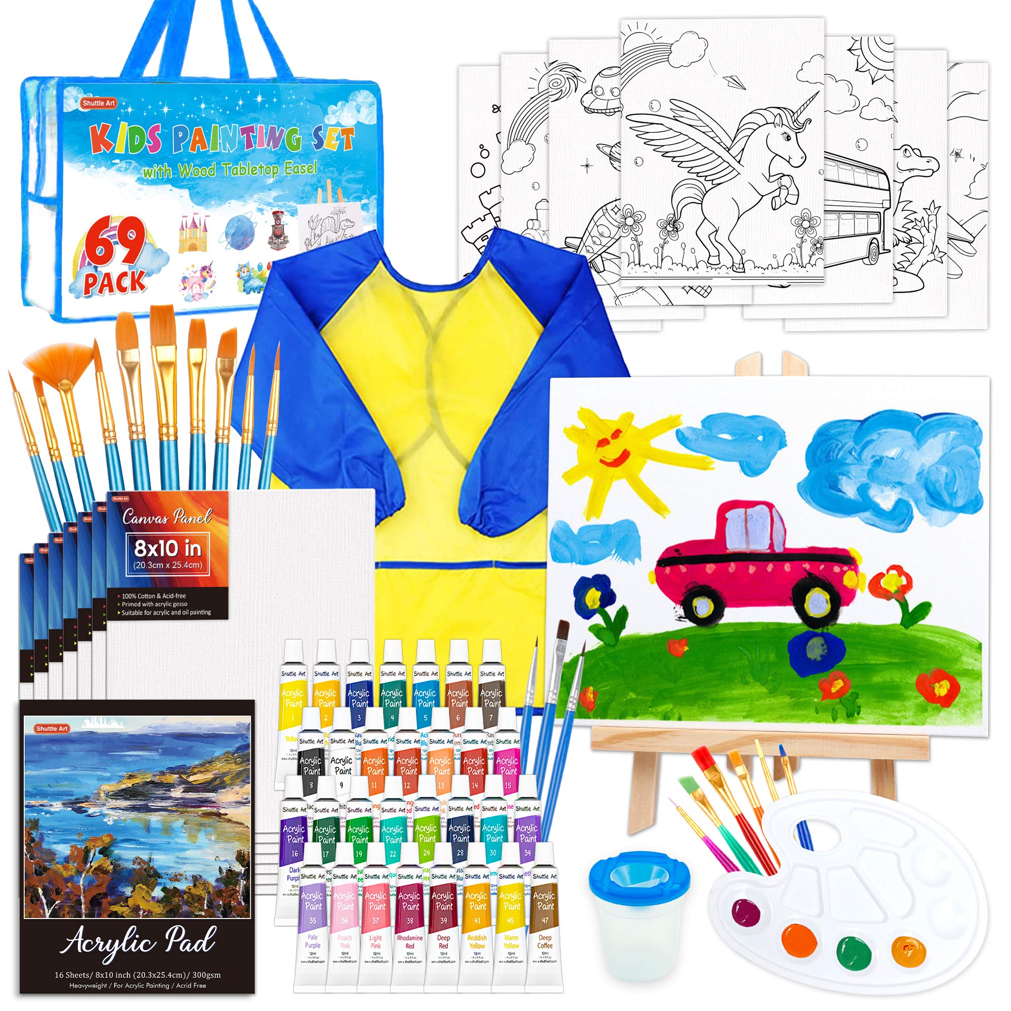 69 Pack Kids Paint Set, Shuttle Art Art Set for Kids with 30 Colors Acrylic Paint, Wood Easel, Canvas, Painting Pad, Brushes, Palette and Smock, Complete Paint Set for Boys and Girls(package may very)