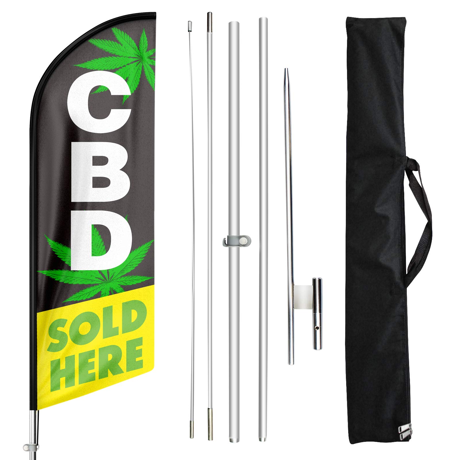 CBD Sold Here Advertising Feather Flag, CBD Swooper Flag Sign with Pole Kit and Ground Stake, 11Ft CBD Sold Here Advertising Feather Banner Sign (Black)