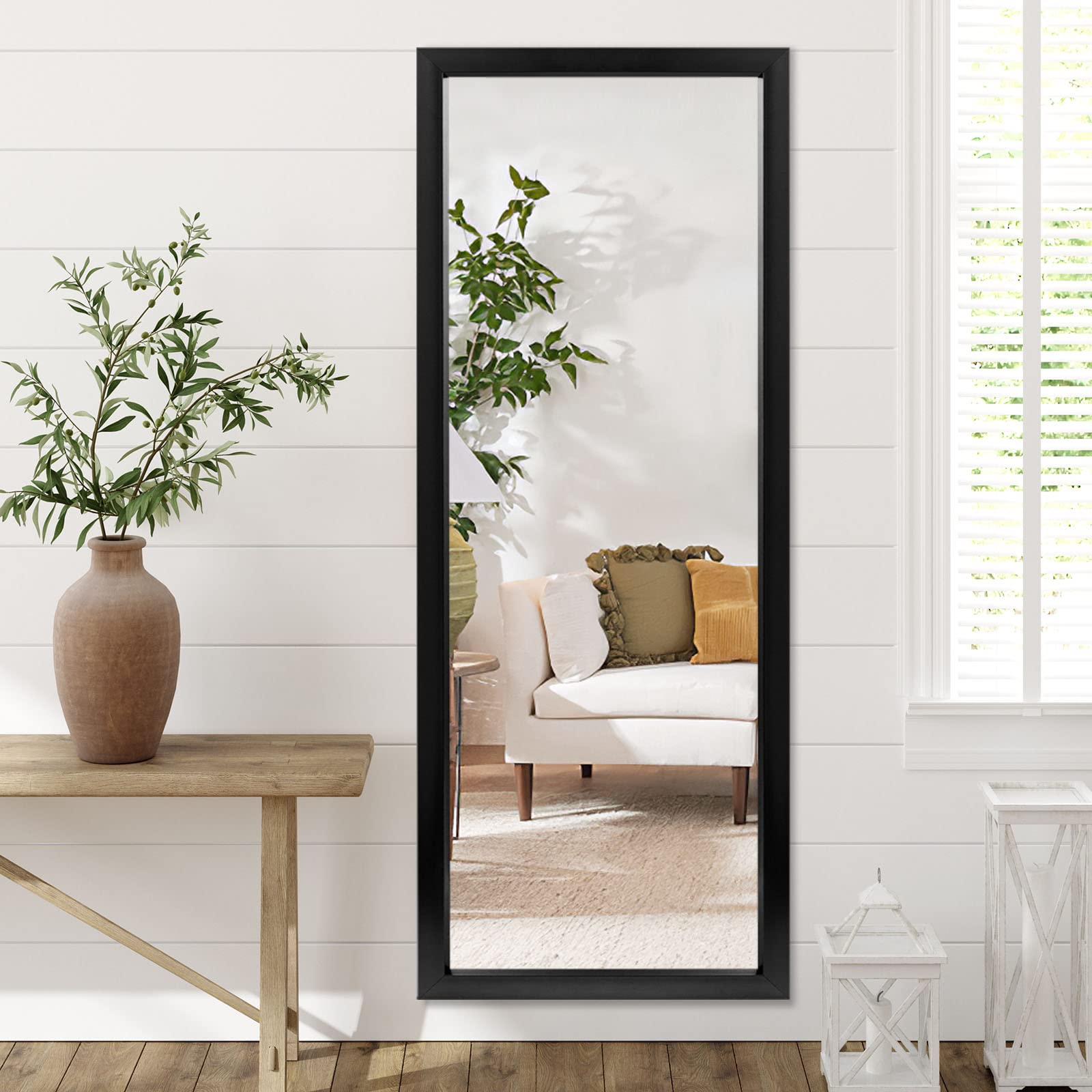 Elevens Full Length Door Mirror 43"x16" Large Rectangle Wall Mirror Hanging or Leaning Against Wall for Bedroom, Dressing and Wall-Mounted Polystyrene Frame Mirror-Black(No Stand), JJ01002AAF-USAM004