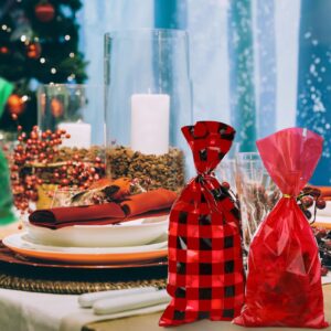 Outus 150 Pcs Christmas Cellophane Bags Christmas Candy Cookie Treat Bags Xmas Clear Plaid Goodies Bags with 200 Pieces Twist Ties for Xmas Holiday Party Favors Supplies