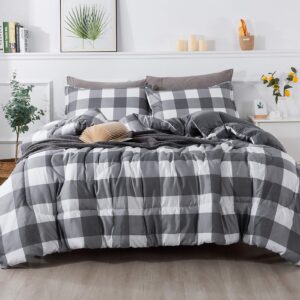 andency grey queen comforter set, 3 pieces grey white buffalo check plaid bedding comforter & sets, light gray soft lightweight fluffy all season bed set