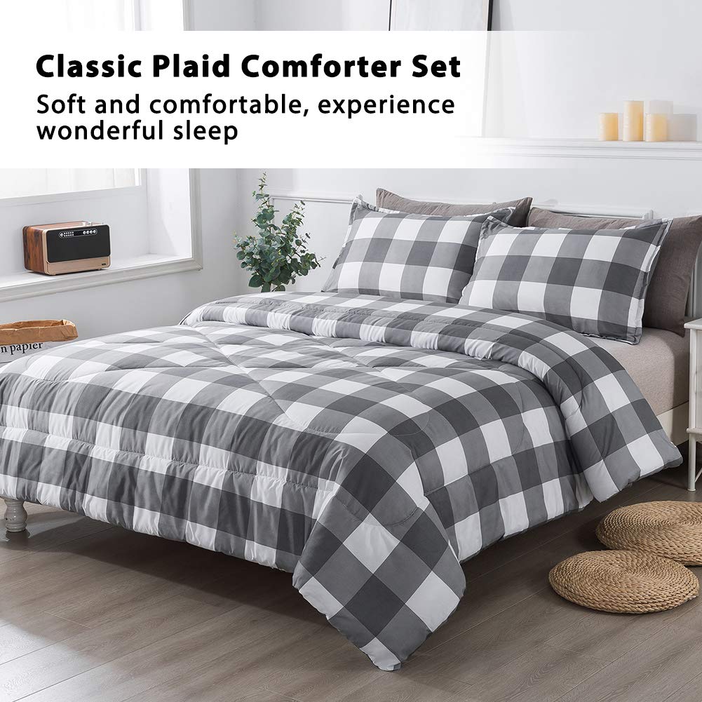 Andency Grey Queen Comforter Set, 3 Pieces Grey White Buffalo Check Plaid Bedding Comforter & Sets, Light Gray Soft Lightweight Fluffy All Season Bed Set