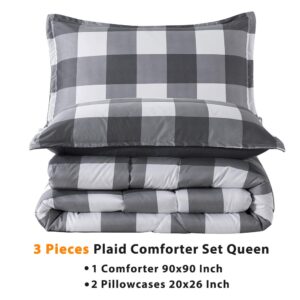 Andency Grey Queen Comforter Set, 3 Pieces Grey White Buffalo Check Plaid Bedding Comforter & Sets, Light Gray Soft Lightweight Fluffy All Season Bed Set