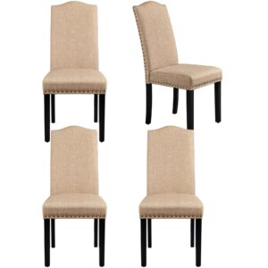 yaheetech dining chairs upholstered parsons chairs kitchen living room chairs with rubber wood legs & nailhead trim, fabric side chairs, set of 4, khaki(2 package)