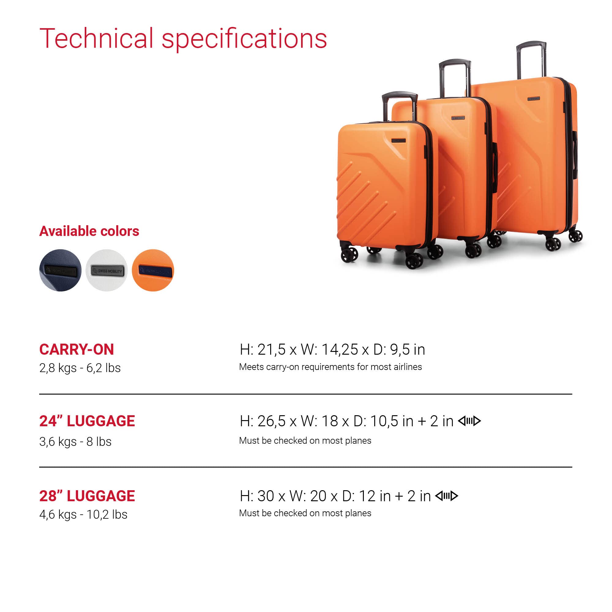 Swiss Mobility LGA Collection Hard Shell Spinner Carry On Luggage for Airplanes, Rolling Suitcase with 360-Degree Spinner Wheels, Retractable Handle, Airline Approved, 20 Inch, Orange