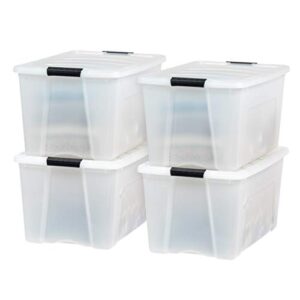 IRIS USA 72 Qt Stackable Plastic Storage Bins with Lids, 4 Pack - BPA-Free, Made in USA - Discreet Organizing Solution, Latches, Durable Nestable Containers, Secure Pull Handle - Pearl