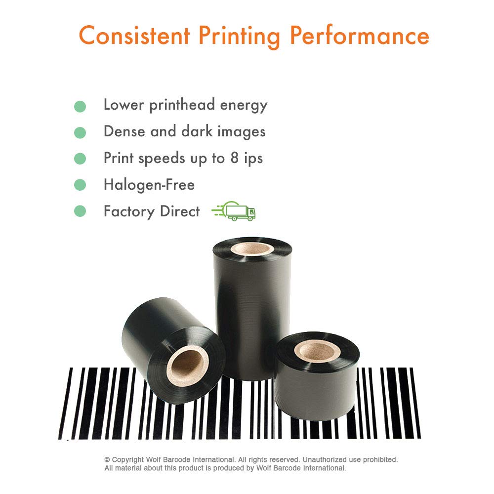 48 Rolls (Full Case) Wolfbarco Thermal Transfer Ribbon 4.33" x 984' (110mm x 300m) Standard Black Resin-Enhanced Wax for Zebra GK420D SM4 ZT410 Tec Datamax Intermec Citizen Printer, Core size 1", CSO