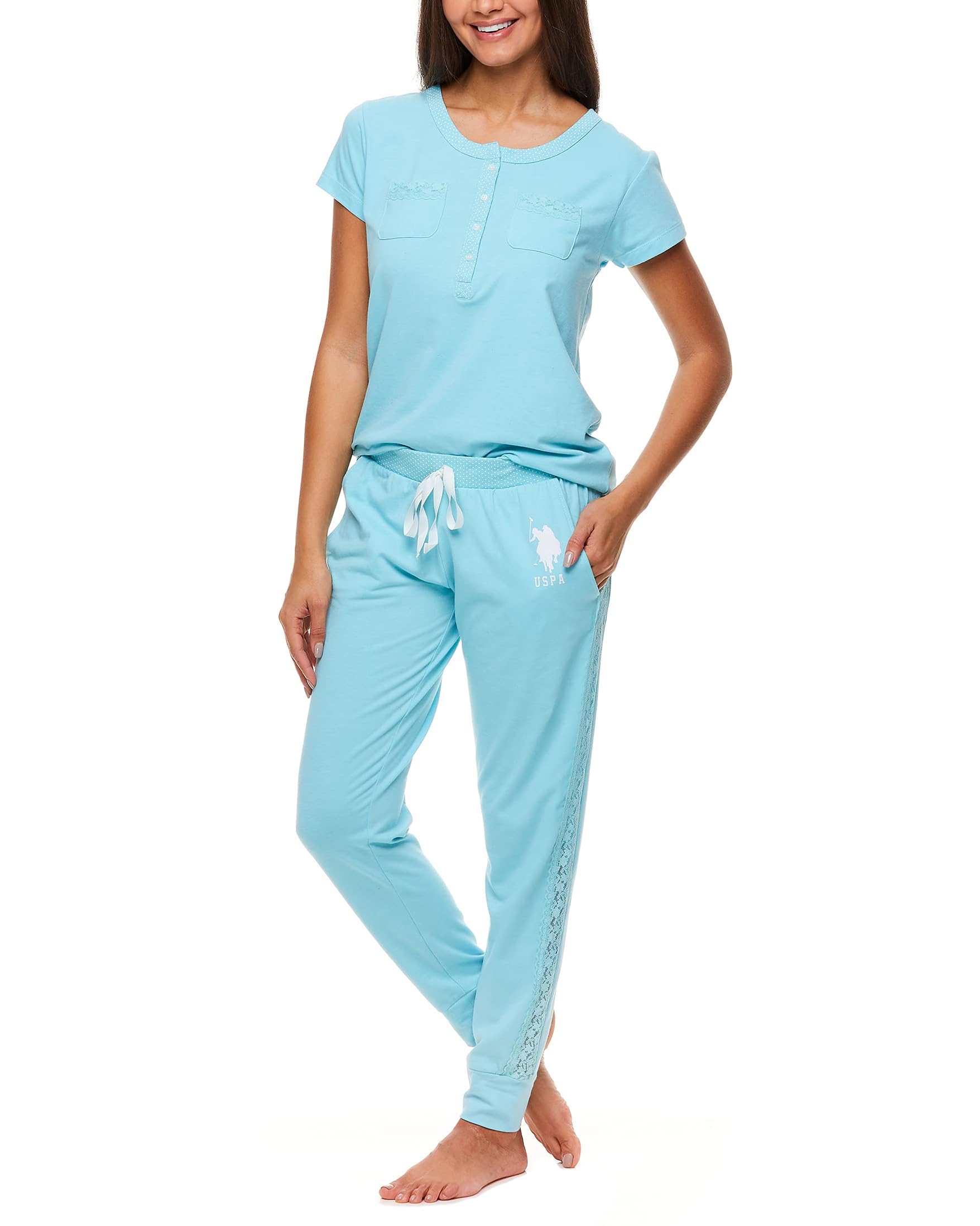 U.S. Polo Assn. Womens Pajama Set with Pockets - Short Sleeve Shirt and Pajama Pants Pj Set Mint Heather Medium