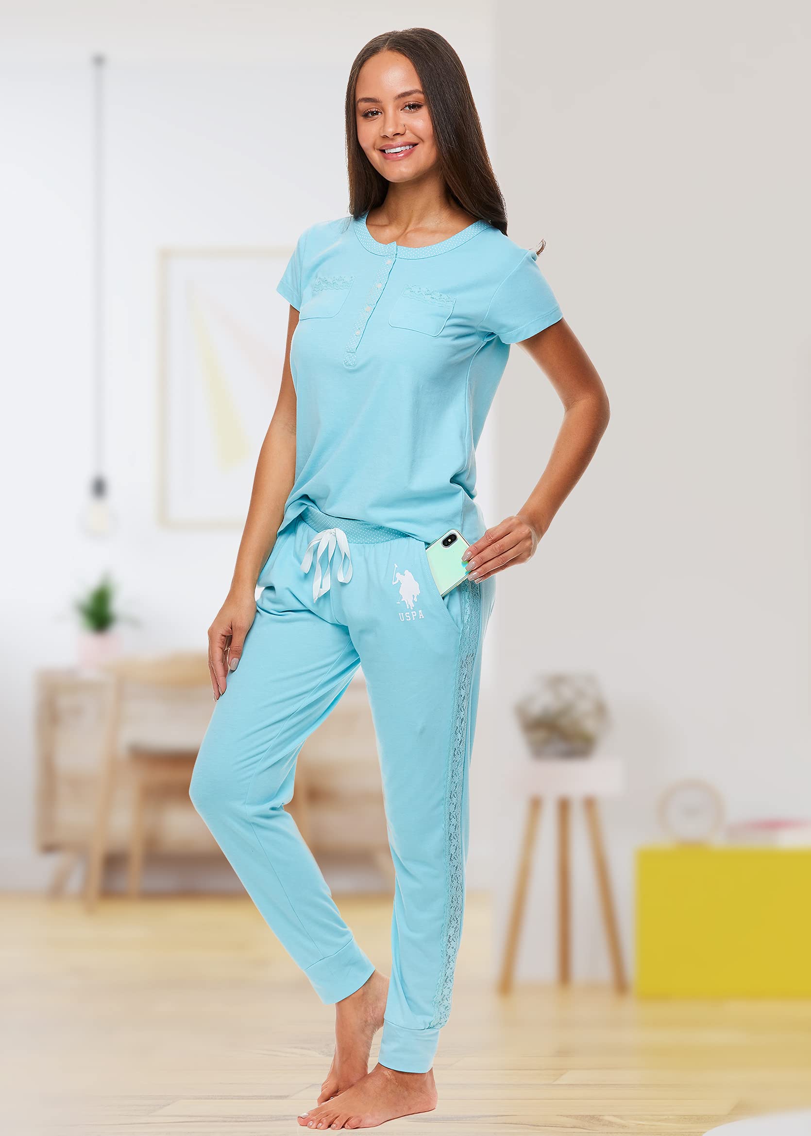 U.S. Polo Assn. Womens Pajama Set with Pockets - Short Sleeve Shirt and Pajama Pants Pj Set Mint Heather Medium