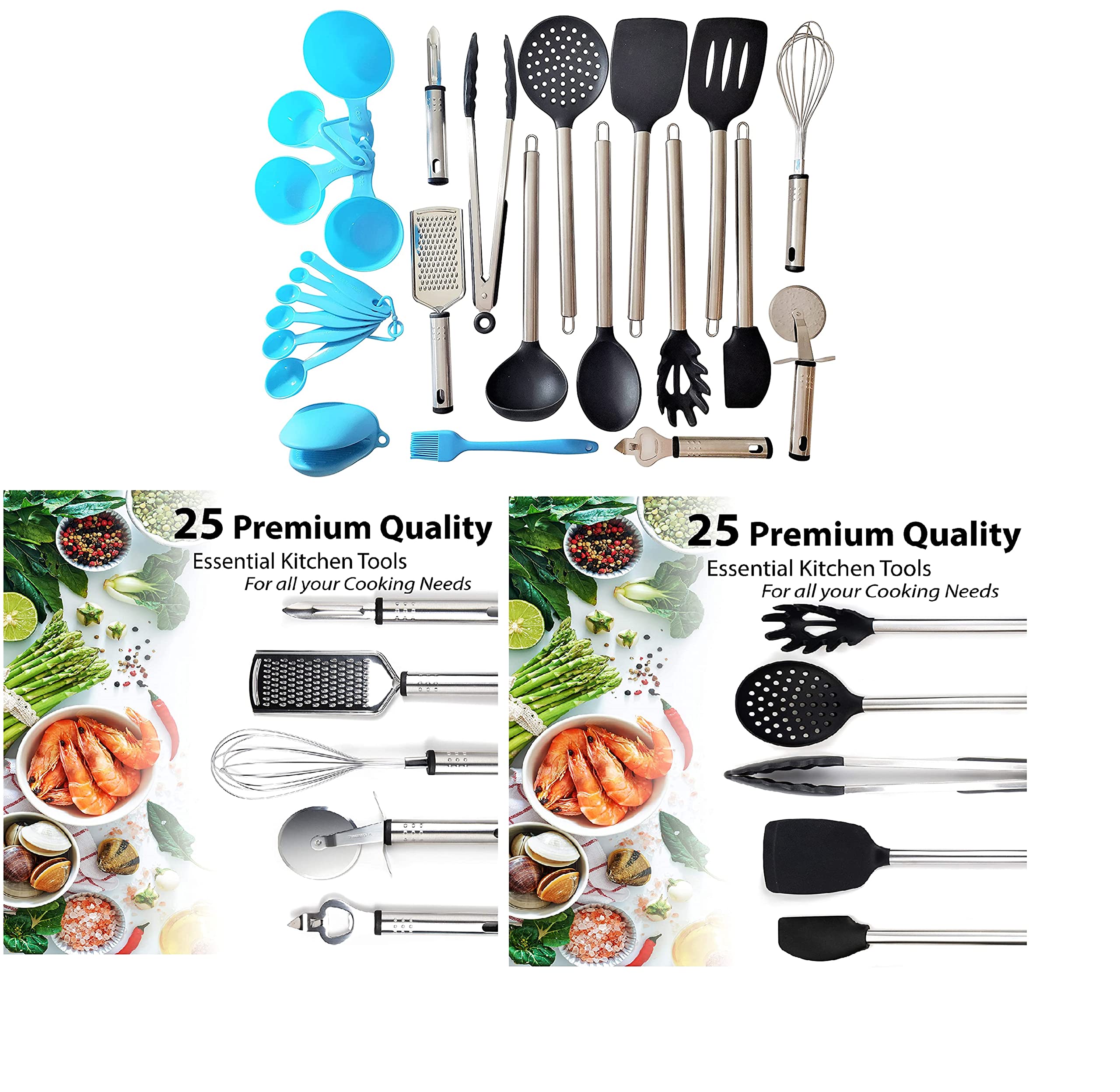 Kitchen Cooking Utensils Set Silicone with Stainless Steel handle Includes Cooking Spoon Spatula Tong Turner Whisk Ladle For Nonstick Cookware Dishwasher Safe BPA-Free