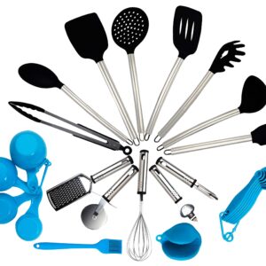 Kitchen Cooking Utensils Set Silicone with Stainless Steel handle Includes Cooking Spoon Spatula Tong Turner Whisk Ladle For Nonstick Cookware Dishwasher Safe BPA-Free