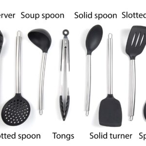 Kitchen Cooking Utensils Set Silicone with Stainless Steel handle Includes Cooking Spoon Spatula Tong Turner Whisk Ladle For Nonstick Cookware Dishwasher Safe BPA-Free