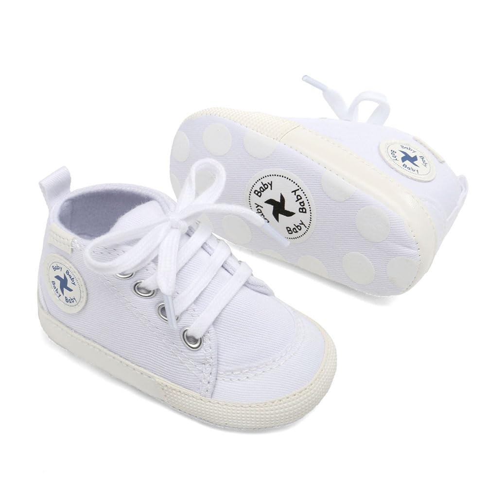 Baby Girls Boys Shoes Soft Anti-Slip Sole Newborn First Walkers Star High Top Canvas Denim Unisex Infant Sneaker (A01-White, 6-12 Months)