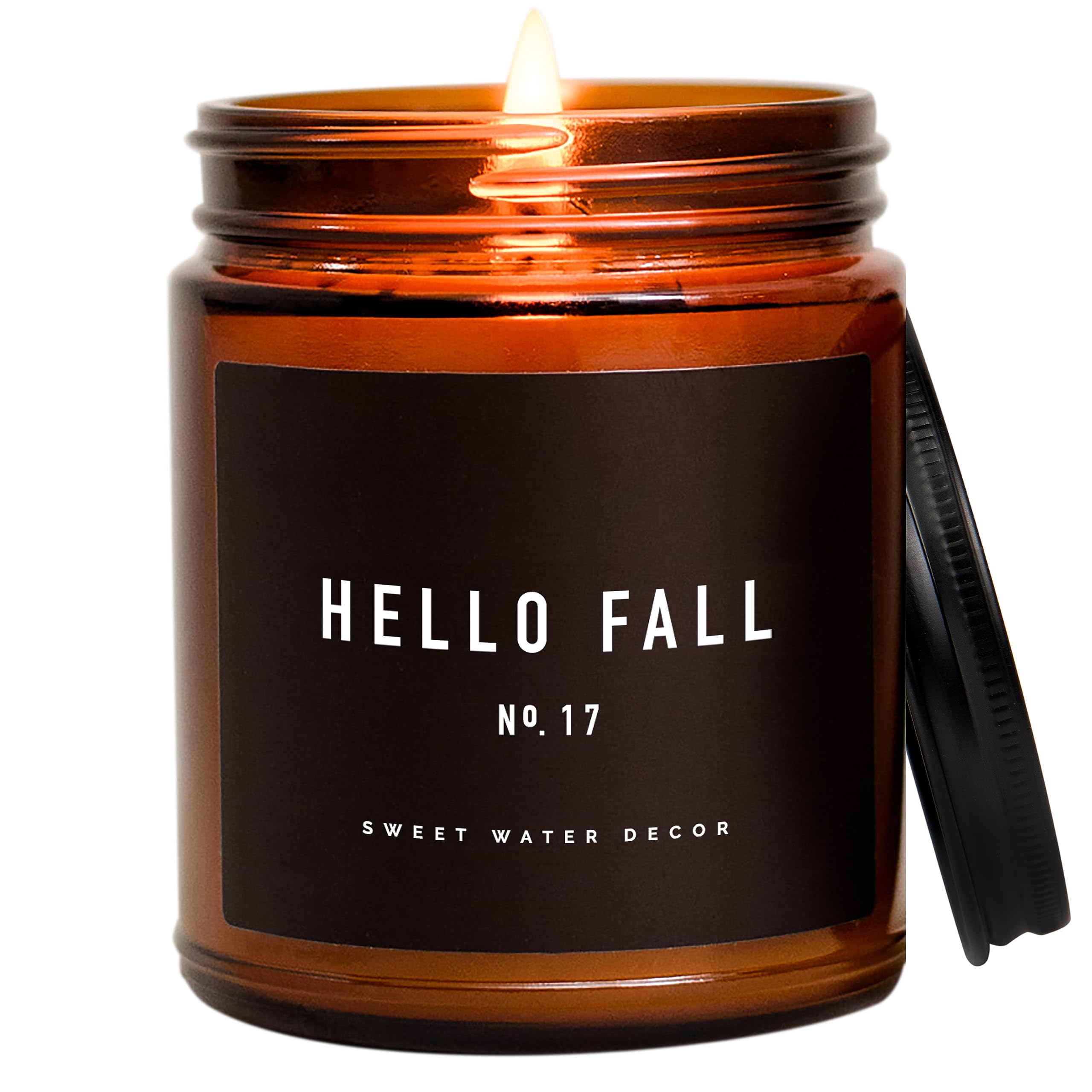 Sweet Water Decor Hello Fall Candle No. 17 | Cider, Cinnamon, Cloves, Apple, and Nutmeg Scented Soy Wax Candle for Home | 9oz Amber Jar with Black Lid, 40 Hour Burn Time, Made in The USA (Hello Fall)